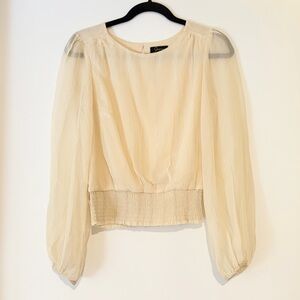 Japna Sheer Blouse Cream Long Sleeve Smocked Waist, Size S